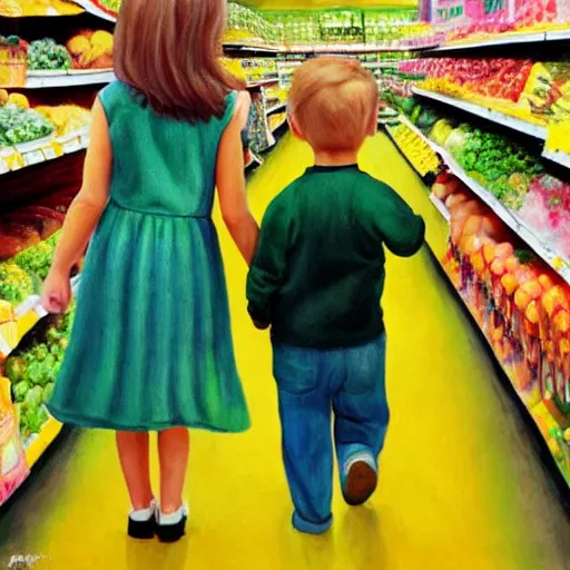 Prompt: a girl and younger brother walking hand in hand through a supermarket, yellow and green, dreamy, fantasy, oil painting