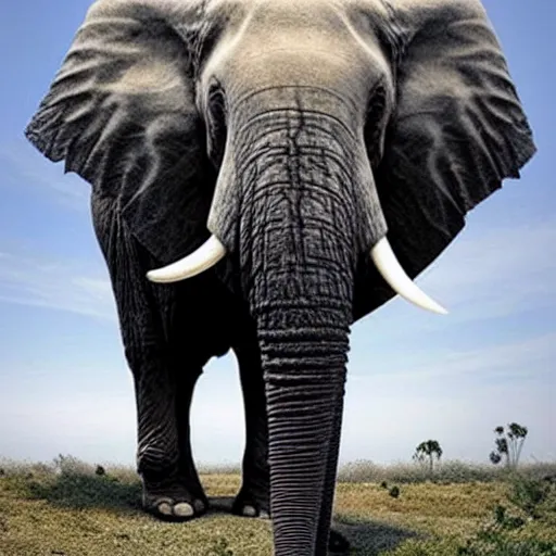 Image similar to elon musk as an elephant with huge elephant tusks growing out of his mouth