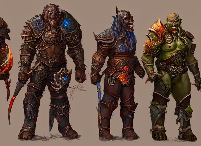 Prompt: three different views of orcs in armour, intricate! beautiful colourful digital concept art by senior character artist, trending on artstation, artstation hd, full body
