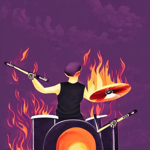 Image similar to Beautiful illustration for a print depicted a back view of a heavy metal drummer playing on drums::lava and fire around::behance and deviant art illustrations