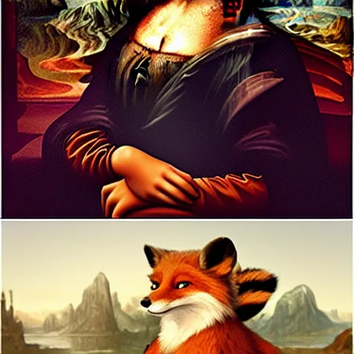 Prompt: the mona lisa as an anthropomorphic fox in the style of a zootopia character