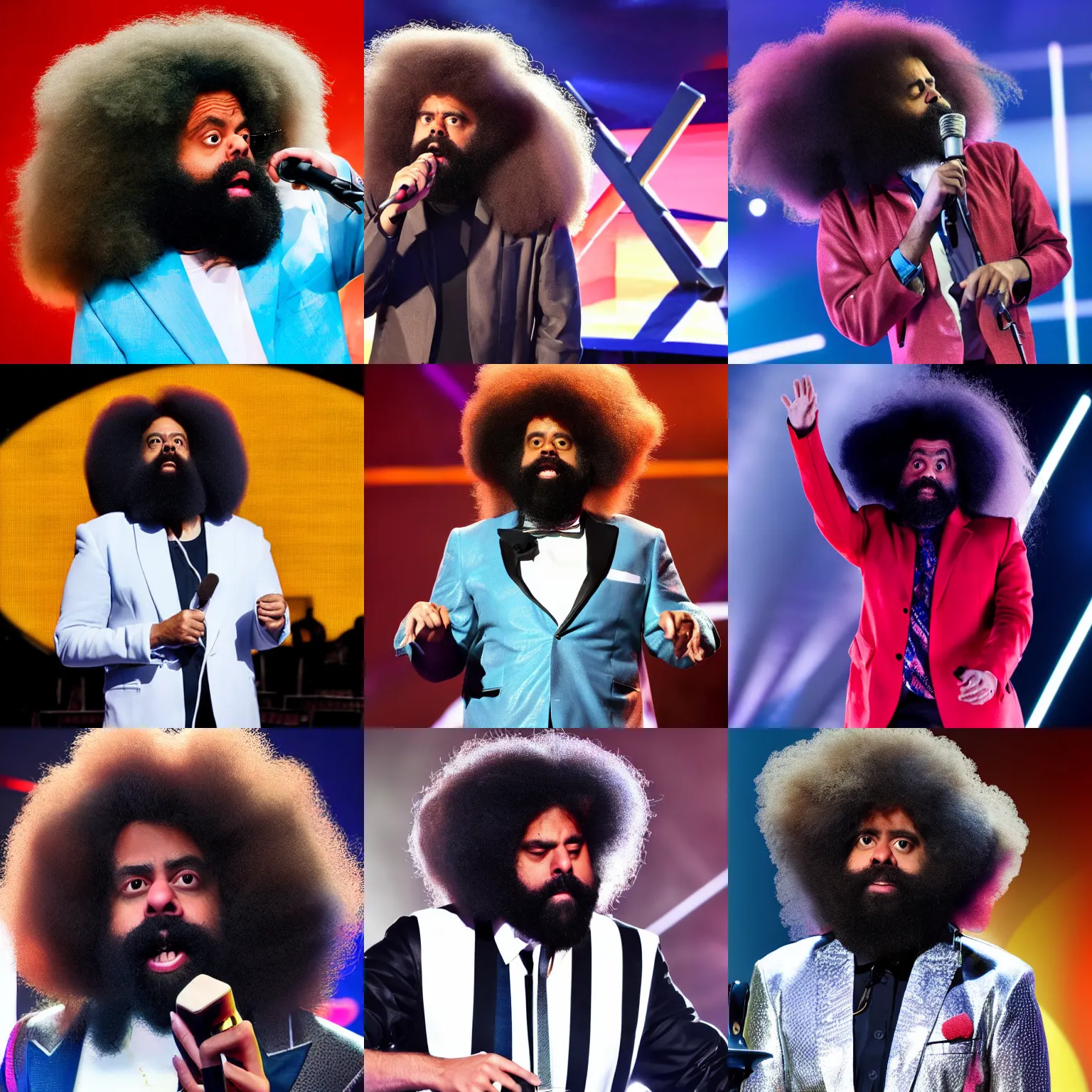 Prompt: a detailed photograph of reggie watts performing at eurovision