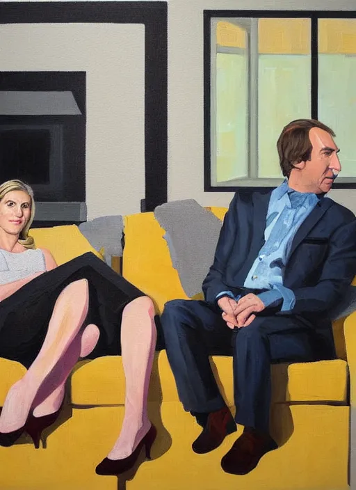 Prompt: jon hale painting of kim wexler and saul goodman sitting on couch, ominious, strange composition, visible brush strokes