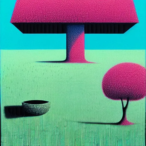 Prompt: surreal glimpse into other universe, house by tadao ando, summer morning, very coherent and colorful high contrast, art by!!!! gediminas pranckevicius!!!!, geof darrow, floralpunk screen printing woodblock, dark shadows, hard lighting, stipple brush technique,