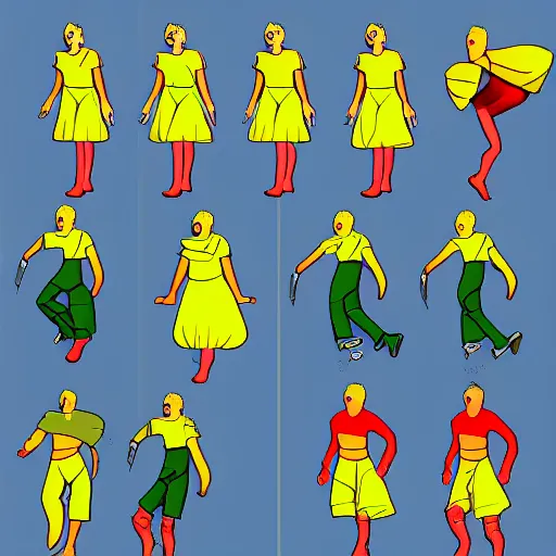 Prompt: A sprite sheet of animation frames in one image for a walking teenager, yellow costume, realism, green screen