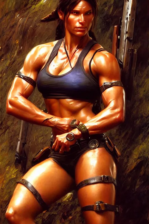 Image similar to muscular sweat lara croft, highly detailed painting by gaston bussiere, craig mullins, j. c. leyendecker 8 k