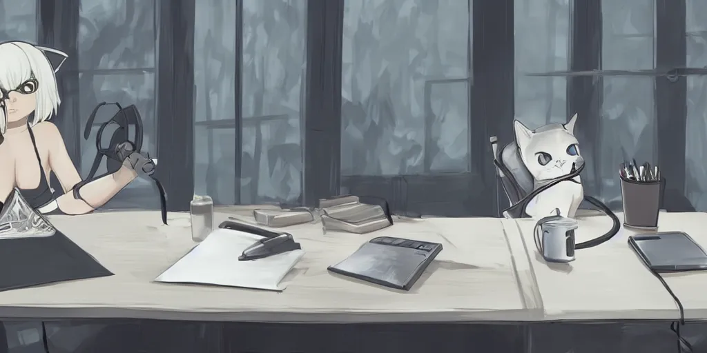 Prompt: 2b from nier automata sitting at a desk studying with headphones on, there's a cat sleeping on the desk, background is a tinted window looking out into a white church, Ghibli studio art, high quality anime, digital art, detailed facial features, imaginary slice of life