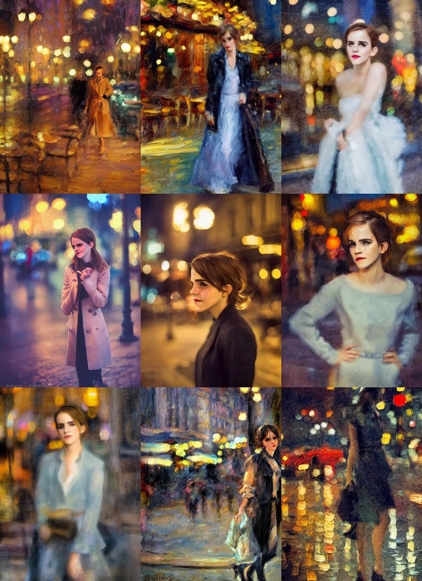 Prompt: an impressionist portrait painting of emma watson by antoine blanchard, paris cafe at night with city lights bokeh background,!!! shallow depth of field!!!, canon 5 0 mm!! tilt - shift!! lens f 1. 2