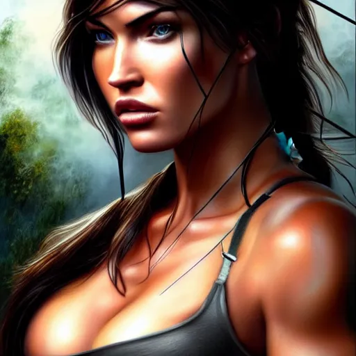 Image similar to megan fox as lara croft, hyper detailed masterpiece, digital art painting, hyper realism aesthetic