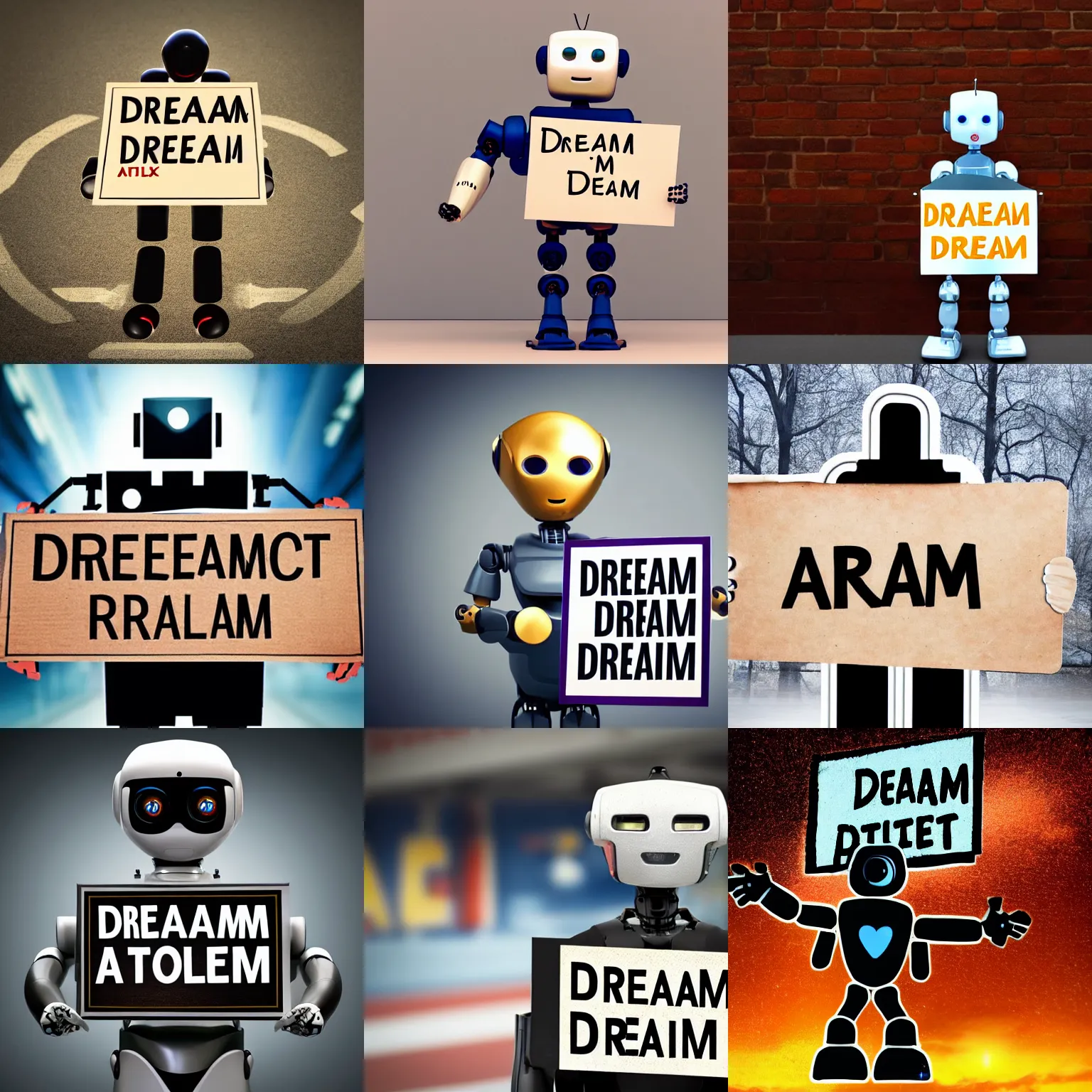 Image similar to realistic high quality photo of artificial intelligence robot holding a sign with text that reads : dream