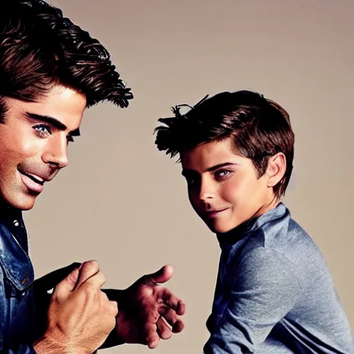 Image similar to zac efron and john stamos as father and son, vogue magazine, dramatic light, photoshoot,