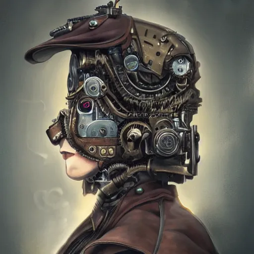 Image similar to portrait painting of a steampunk cyborg criminal, transhumanism, ultra realistic, concept art, studio ghibli, intricate details, eerie highly detailed