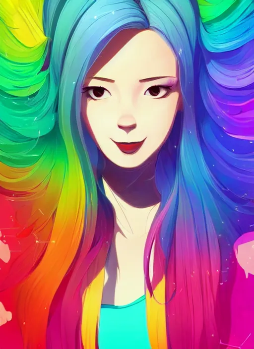 Image similar to a beautiful young woman with rainbow hair wearing a party dress. clean cel shaded vector art. shutterstock. behance hd by lois van baarle, artgerm, helen huang, by makoto shinkai and ilya kuvshinov, rossdraws, illustration, art by ilya kuvshinov