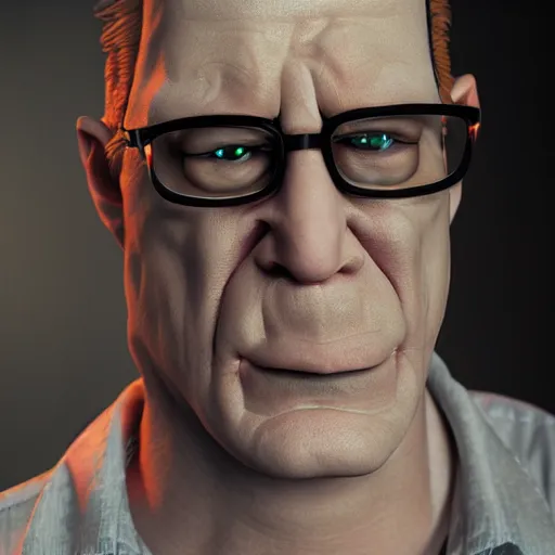 Image similar to hyper realistic, beautiful moody lighting, extreme emotions, caricature, soft, portrait of a very angry Hank Hill, rendered in octane, high quality 3d