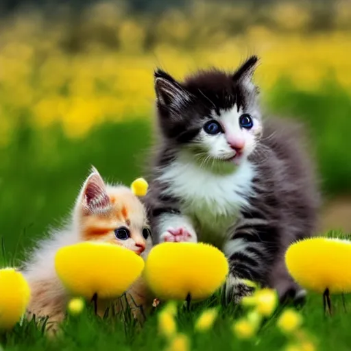 Image similar to photo of cute fluffy baby kittens chasing a cute yellow baby duck in a field of flowers, award - winning photograph, national geographic, perfect lighting