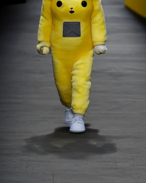 Image similar to hyperrealistic and heavy detailed 2321s Yeezy runway show of Pikachu , Leica SL2 50mm, vivid color, high quality, high textured