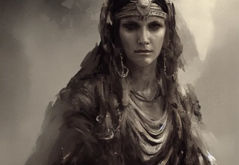 Prompt: portrait painting of an ancient greek oracle woman, high contrast, concept art, dramatic lighting, digital art, 8 k, extremely detailed, drawn by ruan jia