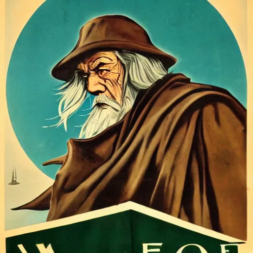 Prompt: WW2 propaganda poster showing Gandalf warning about the dangers of the one ring.