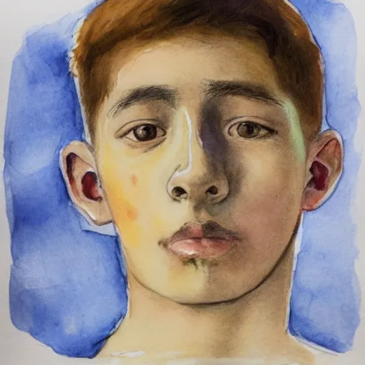 Image similar to Portrait of 14 years old boy, aquarelle