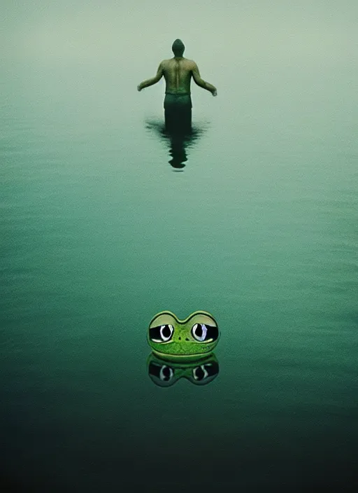 Image similar to “pepe the frog vertically hovering above misty lake waters in jesus christ pose, low angle, long cinematic shot by Andrei Tarkovsky, paranormal, eerie, mystical”