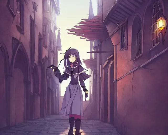 Prompt: key anime visual portrait of a young female witch walking through a busy medieval village, dynamic pose, dynamic perspective, cinematic, dramatic lighting, detailed silhouette, anime proportions