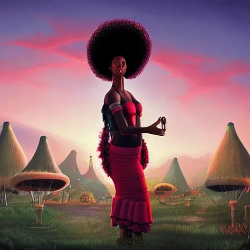 Prompt: a beautiful matte painting of A BLACK GIRL with afro puff in SOLARPUNK VILLAGE AT SUNSET, by Chris Leib. tribal, retrowave, Black art, afrofuturism, vivid colors