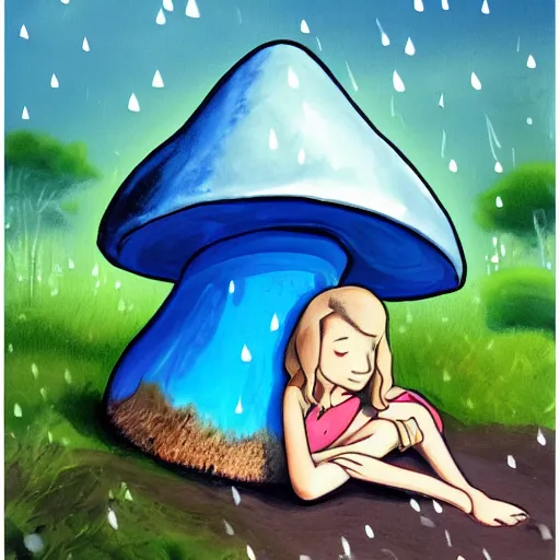 Prompt: A girl sleeping under a giant blue toadstool, raining, somber, high detail,