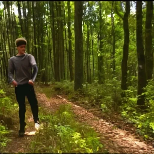 Image similar to justin bieber chasing you in a forest, trailcam footage