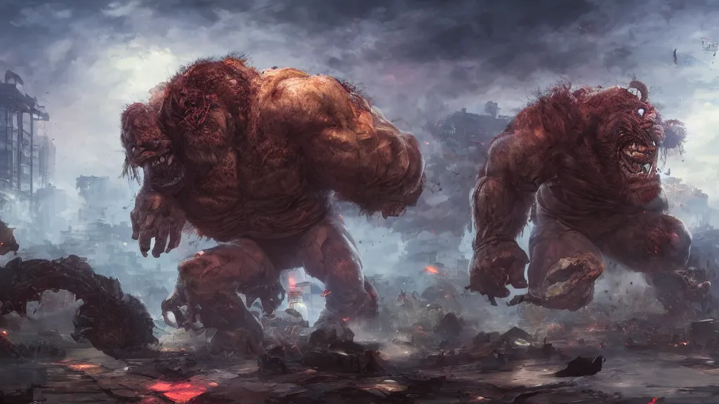 Image similar to a huge angry violent ogre stomps through a suburban neighborhood, people run, by yuumei, bayard wu, wlop, tim white, ross tran, 4 k