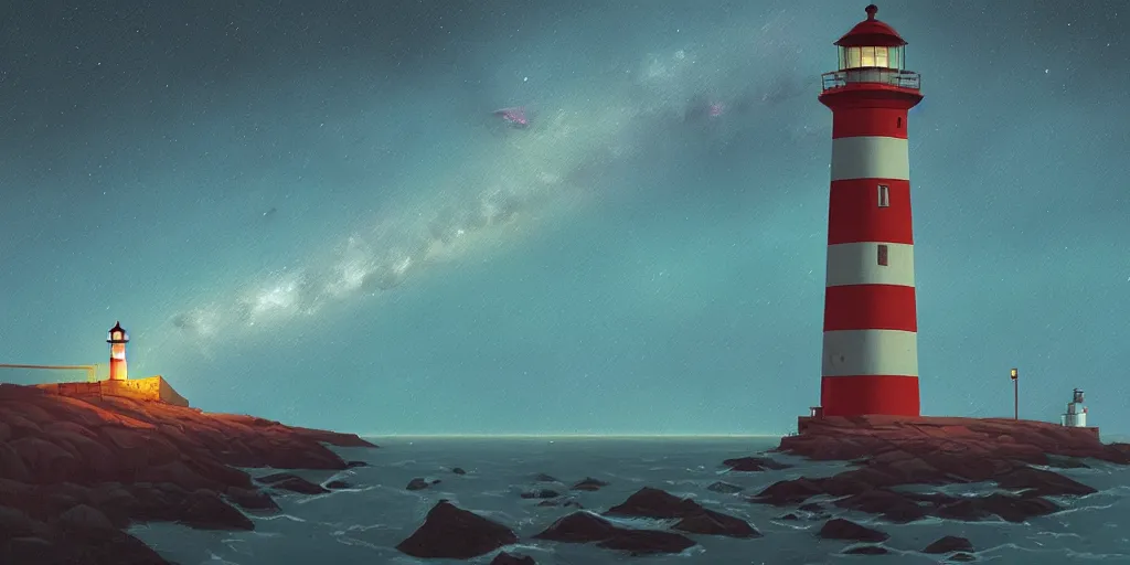 Image similar to milky way over the ocean by a lighthouse by simon stalenhag, dusk, art station trending