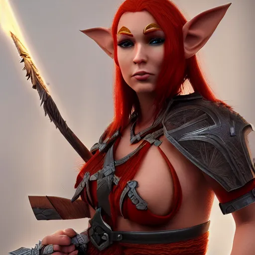 Prompt: beautiful redhead elf with warrior outfit, clash royal style characters, unreal engine 5, octane render, detailed, cinematografic, cinema 4 d