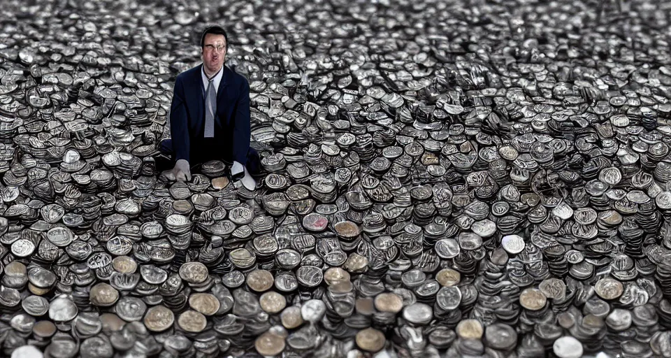 Image similar to Dramatic photo of a businessman in a city made of coins. 8k, high detail, trending on Artstation, volumetric lighting, cyberpunk