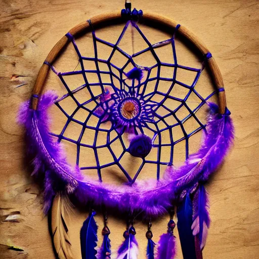 Image similar to a beautiful and intricate dreamcatcher made from bone and gnarled wood and blue and purple feathers, twisting, twirling, loops, hexagonal shapes, concept art, highly detailed, realistic, ornate, fine detail, 4k, octane render, vray, unreal engine