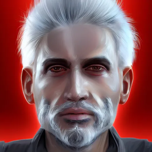 Prompt: portrait of a man, with 40 years, white hair, digital painting, concept art cyberpunk