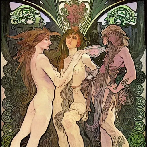 Prompt: a monsterous scary inhuman group of fully clothed fae with animalistic features by alphonse mucha and brian froud