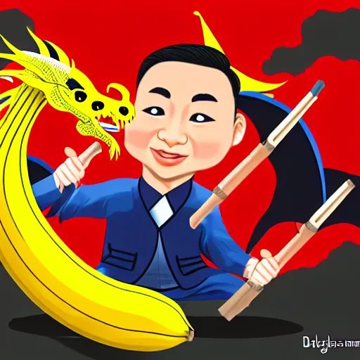 Image similar to Chinese president, battle, bananas weapon, dragon, mountains background, fighting stance, painting