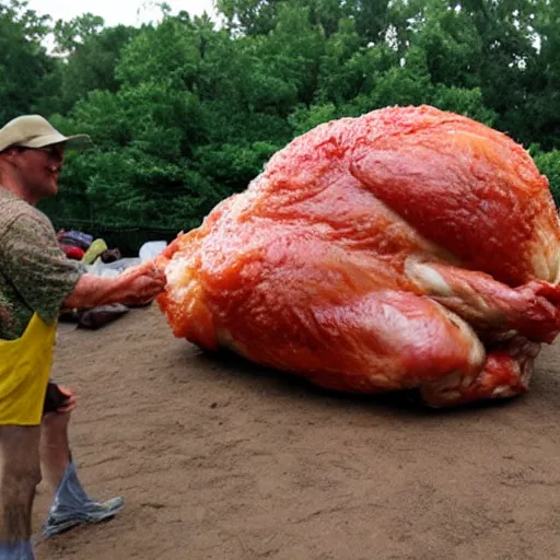 Image similar to the world\'s largest raw chicken going down a slip \'n\' slide