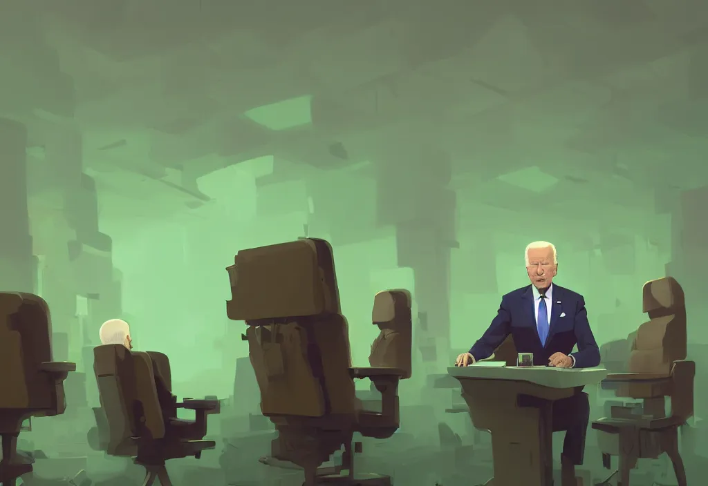 Image similar to joe biden in the democratic party headquarters, epic debates, presidental elections candidates, cnn, fox news, fantasy, by atey ghailan, by greg rutkowski, by greg tocchini, by james gilleard, by joe gb fenton, dynamic lighting, gradient light green, brown, blonde cream, salad and white colors in scheme, grunge aesthetic