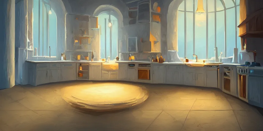 Prompt: curved perspective epic illustration of a kitchen dim lit by 1 candle in a scenic environment by Christopher Balaskas