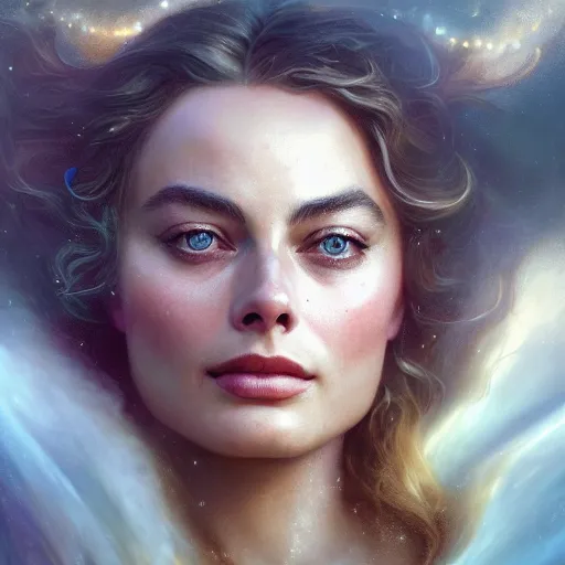 Image similar to Magic portrait painting of Margot Robbie, fantasy city background, dramatic sky, light particles, drawn by Donato Giancola and Tom Bagshaw, Edmund Leighton, Alphonse Mucha, 4k, volumetric lighting, komorebi, award winning, octane render, hyperrealistic