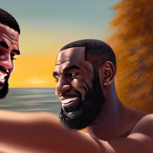 Image similar to beautiful serene intricate portrait of kyrie irving and lebron james taking a selfie, smiling softly, relaxing on the beach, golden hour, soft focus, 8 k, art by irakli nadar, hyperrealism, hyperdetailed, ultra realistic