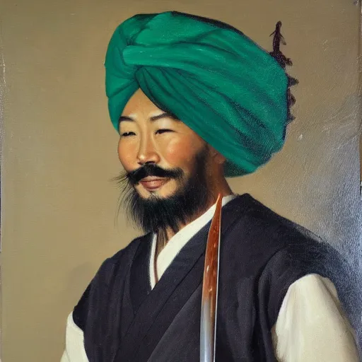 Image similar to An oil painting of a handsome Asian man in a green turban looking wickedly at the viewer with the hilt of a Japanese samurai sword in his teeth.