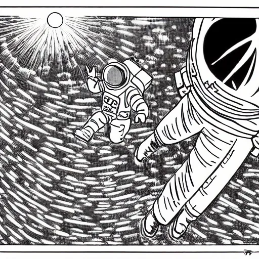 Prompt: an astronaut floating in space, manga panel, intricate, by tatsuki fujimoto, by junji ito