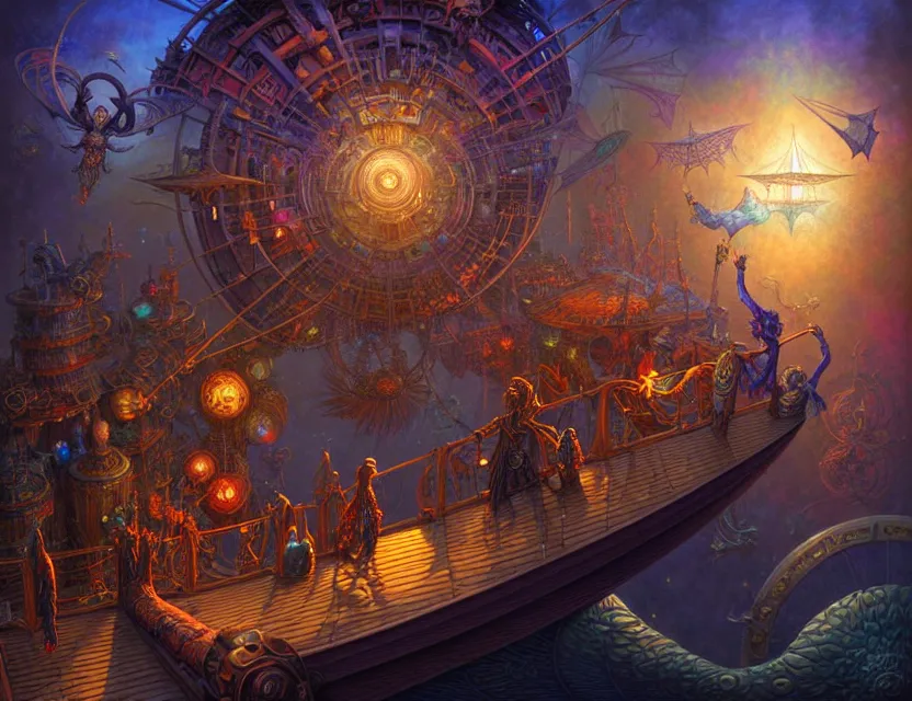 Prompt: standing upon the deck of the flying magical ship as it flies through the multiverse, d & d planescape art, artstation contest winner, beautiful digital painting in the style of dan mumford, volumetric lighting, intricate details, ultrarealistic, fantasypunk, deep colors, cgsociety, by art germ, by gerald brom, by peter mohrbacher