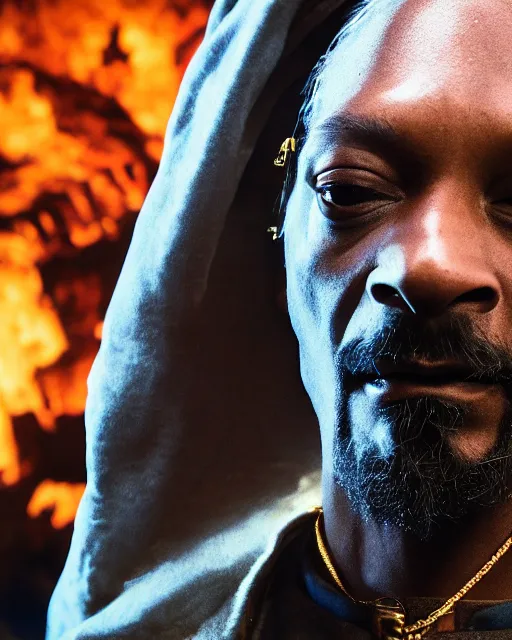 Image similar to Snoop Dogg in the role of Gandalf the Grey, balrog fighting scene in the cave, film still, amazing short, 8K, IMAX, ultra detailed