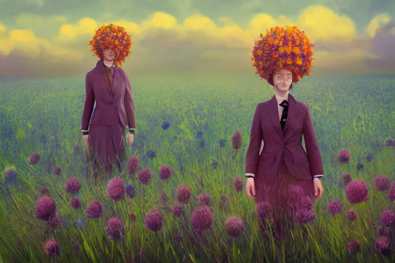 Prompt: large thistle flower under head, a girl in a suit in field of flowers, surreal photography, sunrise, blue sky, dramatic light, impressionist painting, digital painting, artstation, simon stalenhag