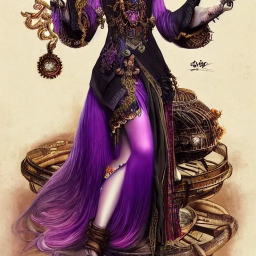 Image similar to photorealistic soft paint of absurdities and curiosities, very beautiful asian princess full long dress, ultra deep fog, purple black lustrous thin haircut, partial symmetry accurate features, focus, very intricate ultrafine details, award winning masterpiece, steampunk world, ross tran