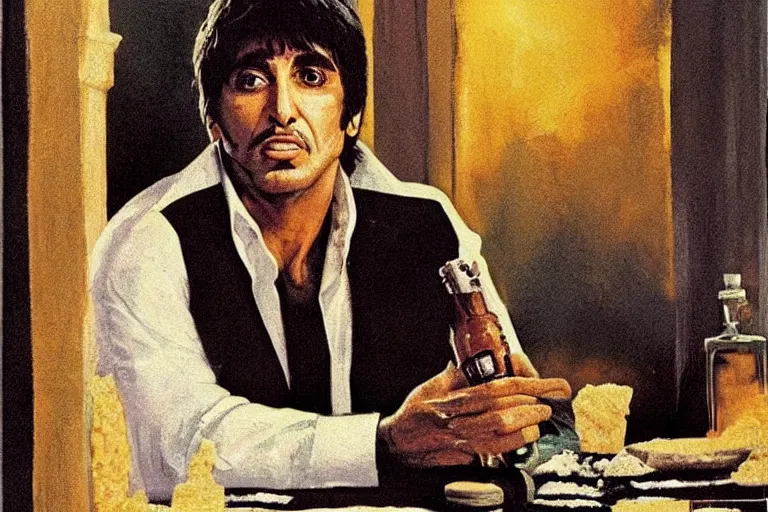 Image similar to tony montana from movie scarface 1 9 8 3 sitting at a table with packages of flour. next to the night window. al pacino. perfect symmetric face, coherent eyes, fine details, 8 k, ron cobb