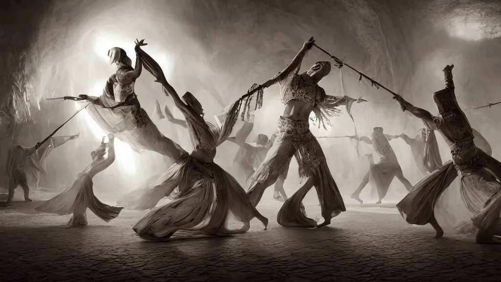 Image similar to tyrkisk sufi dance, sufi, arabic words, bysintine, gothic, 4 k, smokey, michael whelan, peter mohrbache, giovanni paolo panini style epic, volumetric light, insanely detailed, unreal engine render, artstation trends, hyper detail, epic art style, cinematic, concept art, soft white gold lights