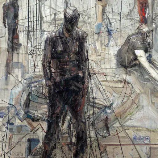 Image similar to a lone lost man in a dark cyberpunk future, by kent williams, lucian freud and jenny saville, wires machines, city